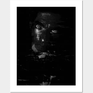 Portrait, digital collage and special processing. Man looking on us from darkness. Eyes. Grayscale. Bizarre. Posters and Art